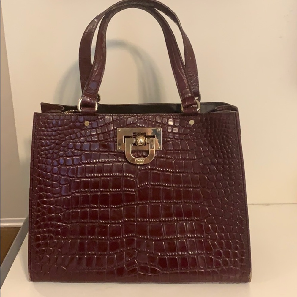DKNY Brown-Burgundy Crocodile-effect Leather Tote